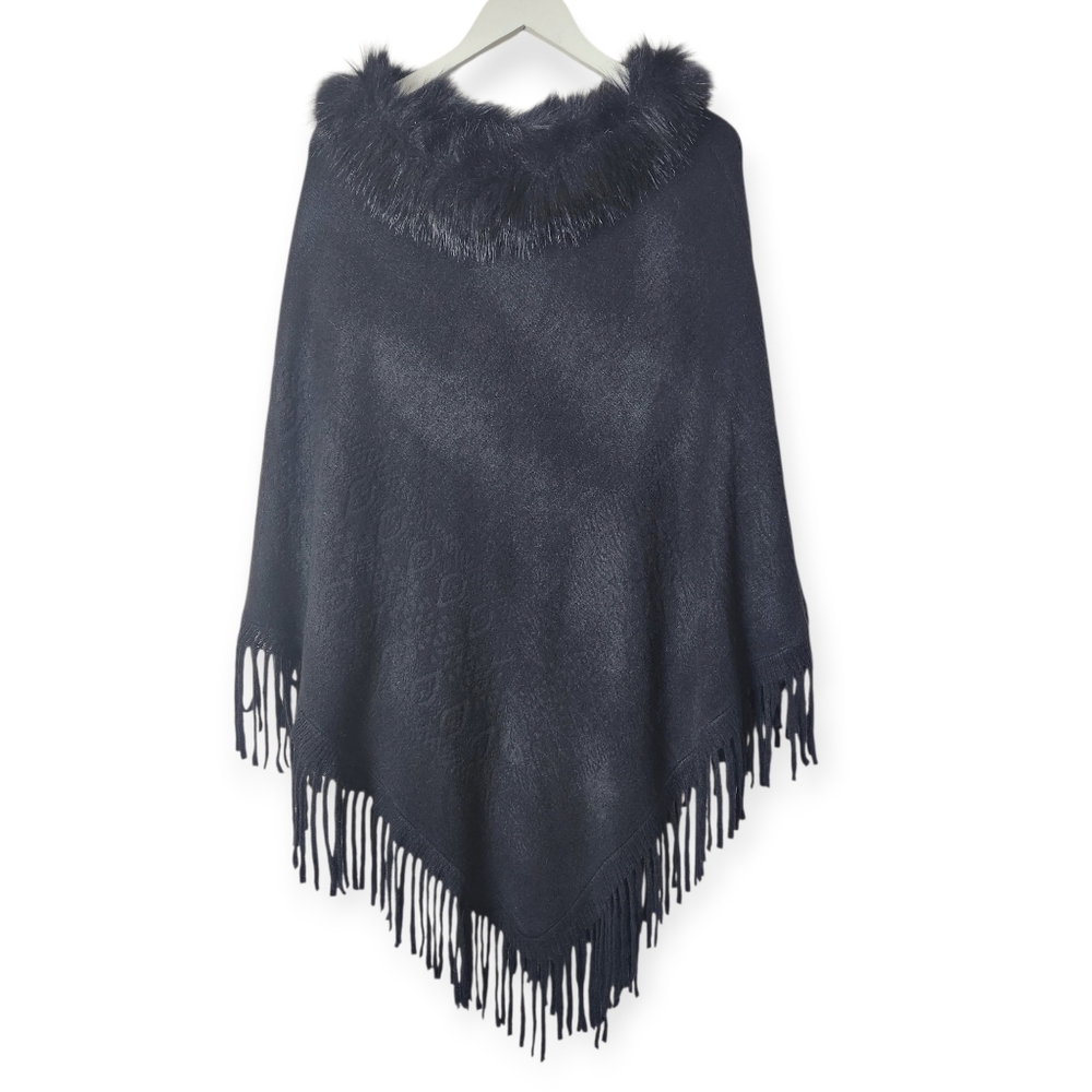 Lovely Holiday Fur Trimmed Black Fringe Poncho By Mirabean OS